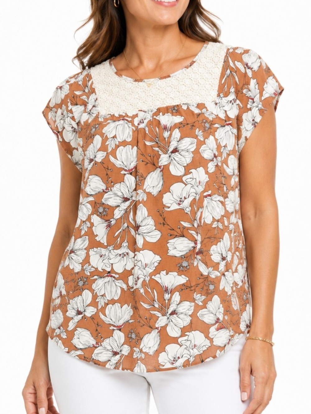 Floral Crochet Yoke Short Sleeve Top